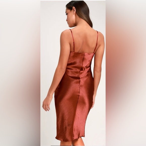 Lulus Brazen Babe Copper Satin Cowl Neck Midi Slip Dress Size Medium - Picture 2 of 6